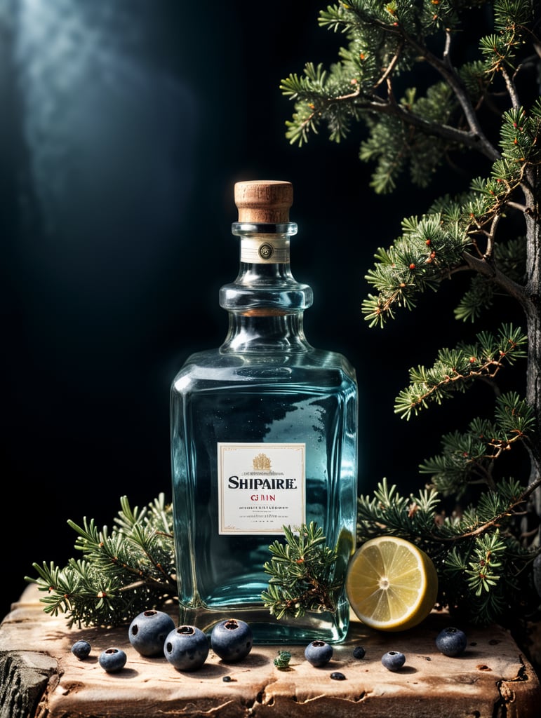professional photography of a square gin bottle, square bottle, surrounding a juniper and juniper berries, one shot of gin in a front, no label, clear, mockup