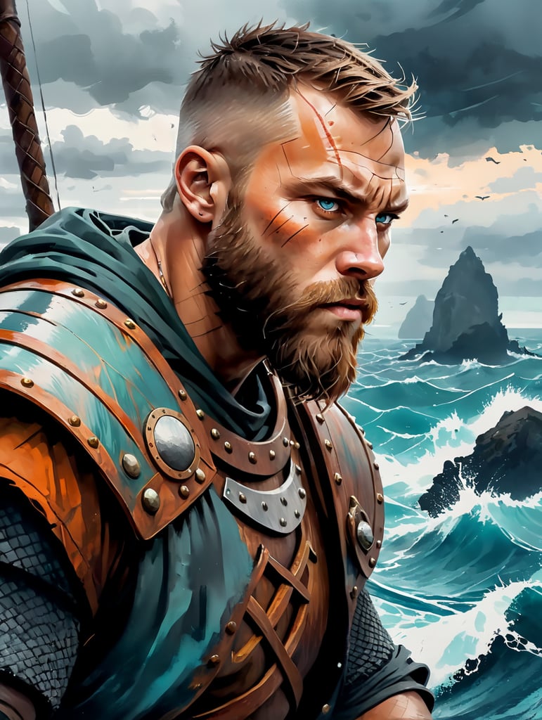 A portrait of viking warrior at the boat in the ocean, stormy weather