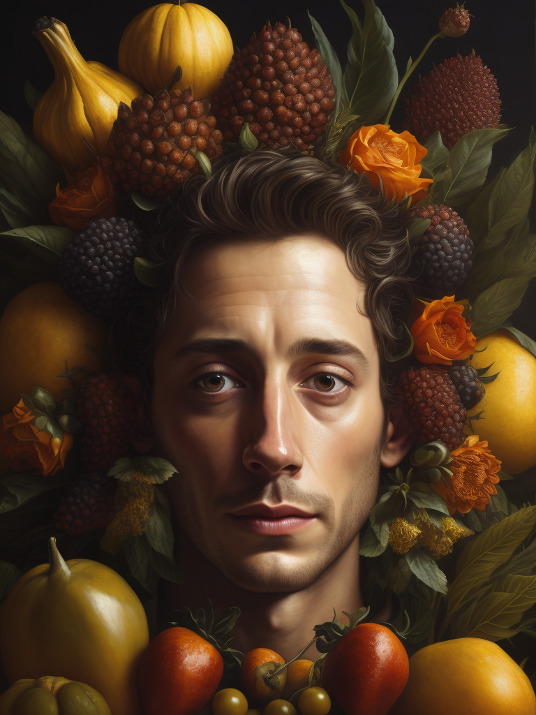 a painting of Jeremy Allen White's head surrounded by flowers and fruit, Painting, Oil, Still Life, Botanical, Italy, style of Giuseppe Arcimboldo