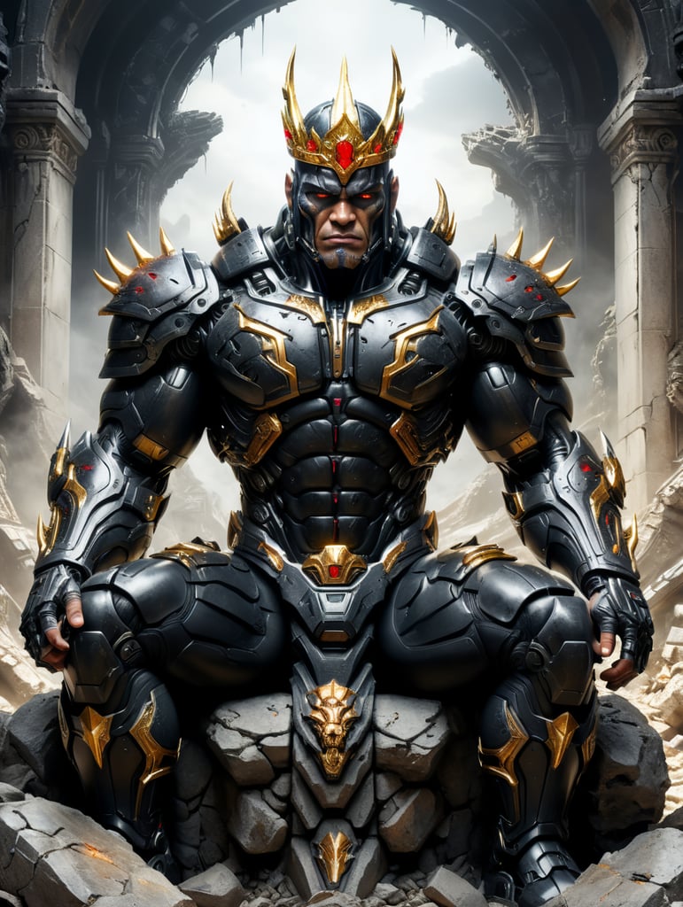 An extremely muscular cyborg. Wearing black like crysis armor, he sits on a broken and cracked stone throne. He has a golden crown on his head. Their eyes are just white, they have no pupils. behind it is a destroyed white wall.