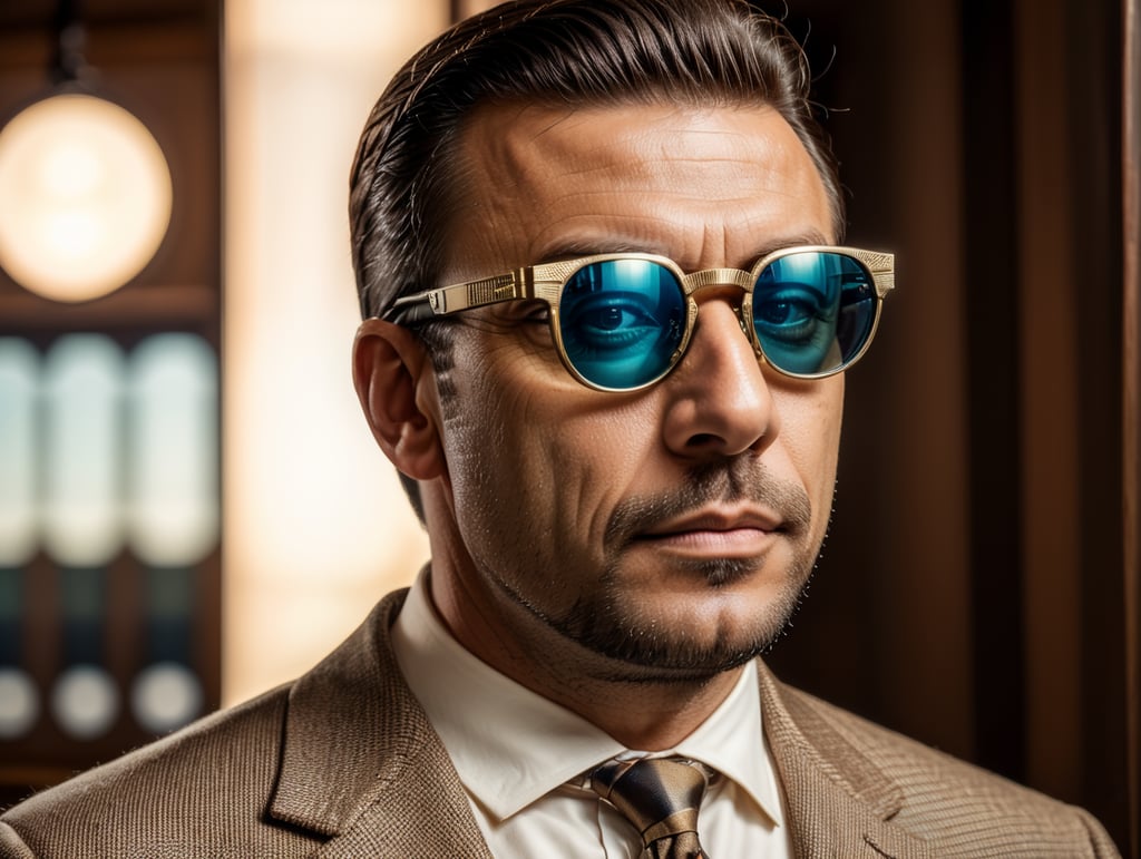 a man wearing augmented reality glasses in the style of vintage photographs from the 1960s, printed portrait of an old albo. The image on the augmented reality glasses needs to be from the 21st century