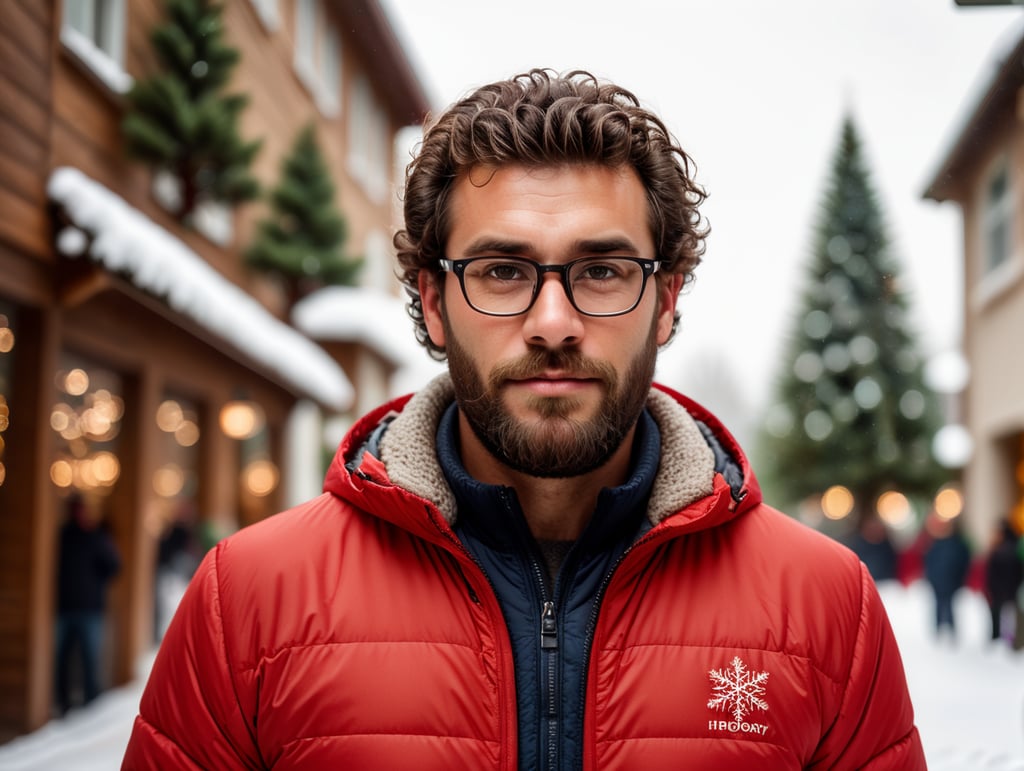 portrait of a bearded curly man wearing red puffer jacket, reeding glasses, stands front camera with gift box his hand, snowy weather, Christmas time, blurry background