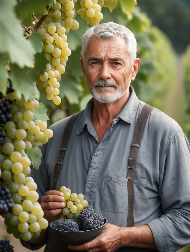 Portrait of an elderly winemaker with gray short hair, man holding a bunch of grapes, looking at the grapes