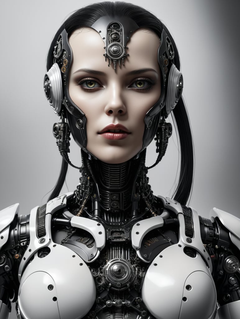 Female robot, Giger style, black and white, high contrast, metal face, many details, slim, stylized body