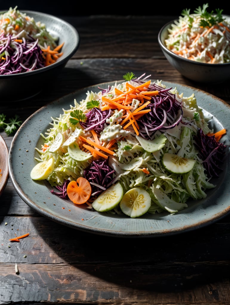 Coleslaw, small plate on a wooden table, Description: A classic side dish made from shredded cabbage and carrots, mixed with a creamy mayonnaise-based dressing or a tangy vinegar-based dressing, often served with barbecue and fried foods.