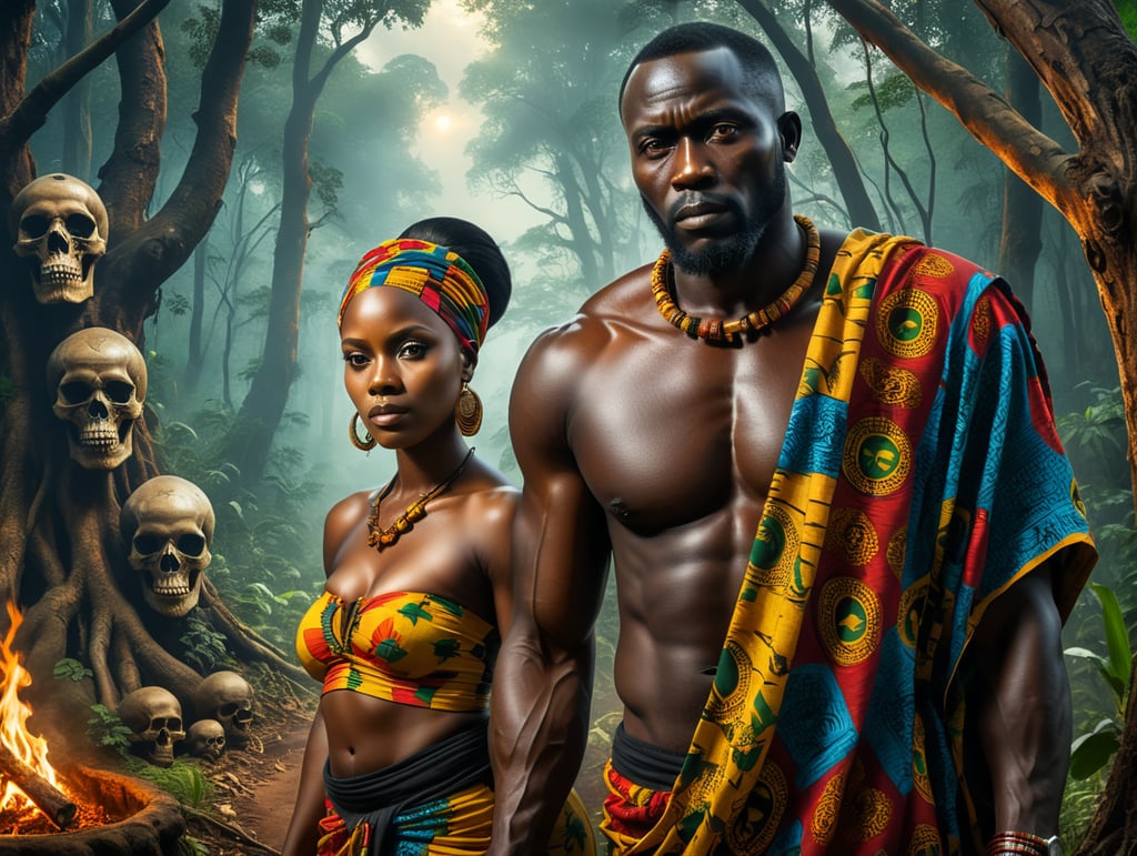 image should be very epic, very clear very beautiful, very epic and with vibrant picture,Create the image of a Ghanaian t, there are traditional emblems and skulls in her dwelling, a Ghanaian man and an old woman they are standing at the 3ntrance and looking sad, in forest with enigmatic ambiance and twisted path, image should be taken from a distance, very clear, no blur, capturing his full body frame with beautiful and vibrant colours, Ghanaian print fabric,