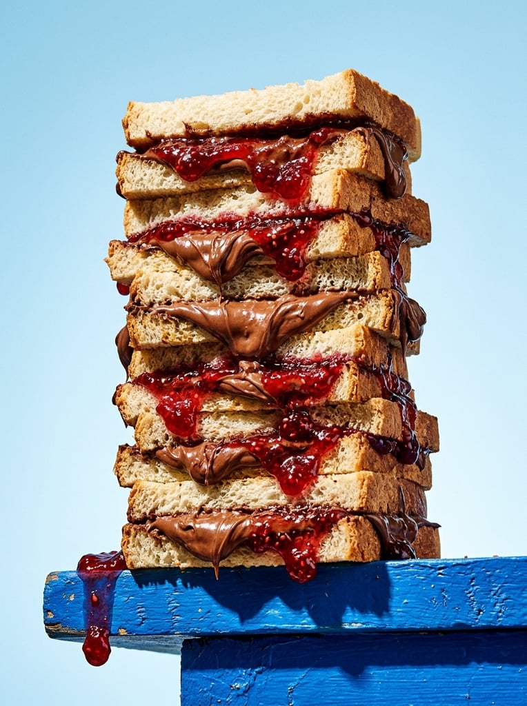 A towering stack of thick bread slices oozing with heavy layers of brown chocolate spread and glossy red berry jam sits on a bright blue textured ledge. A single jam droplet hangs from the edge. Shot against a light blue gradient background, hard directional studio lighting casts sharp shadows, creating a bold, high-contrast pop-art food photography aesthetic.