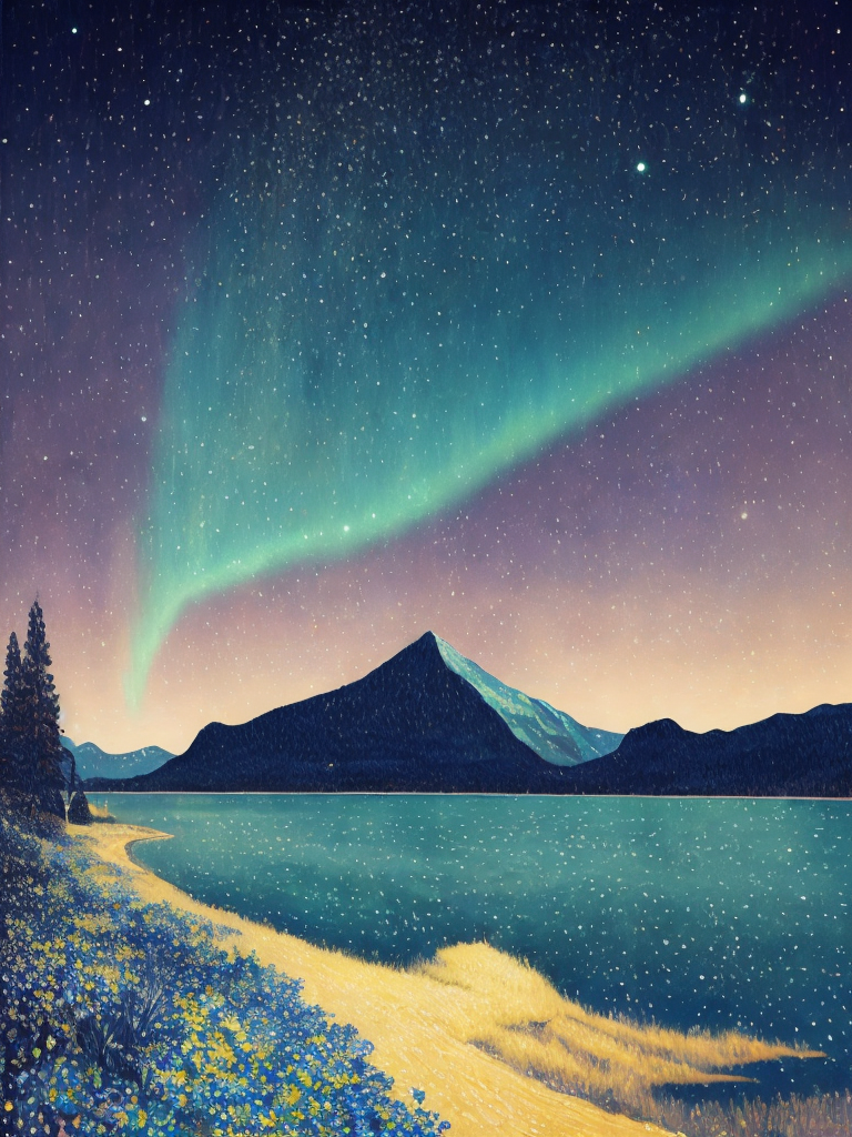 nothern lights, torqoise and white, polar, pointillism, Beautiful landscape, intricate detail, by Paul Signac and Maximilien Luce