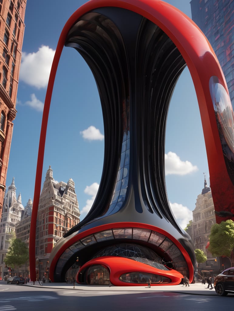 dream prompt: the craziest, bentwood, far view lens architectural modern style hyper realistic hyper detailed neocosmic exterior architecture design of a spider Fluid complex facade, geometric shapes spectrum, black::1 red:3, Antoine Blanchard architecture art style, in new york city, dramatic ambient, natural lighting, camera sony, 8k, --s1000 --style raw, you can imagine