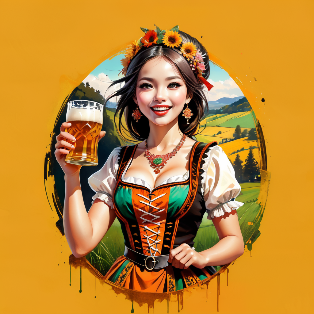 Poster Art for Oktober Fest in German countryside, girl and guy dressed in tracht and drinking beer, new angle