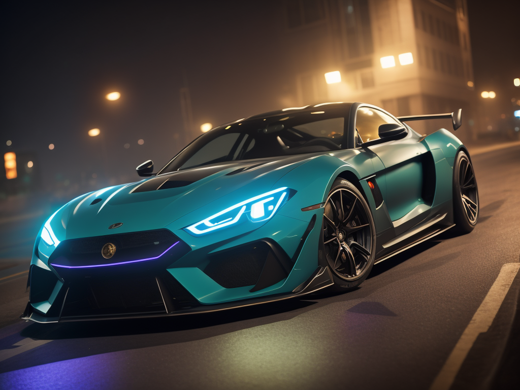 "Blue, green, and purple glowing sports car in the style of 64k UHD. Featuring intricate pattern designs, a cute and dreamy aesthetic, city background, and captivating details with an intense level of ultra-detailed precision."