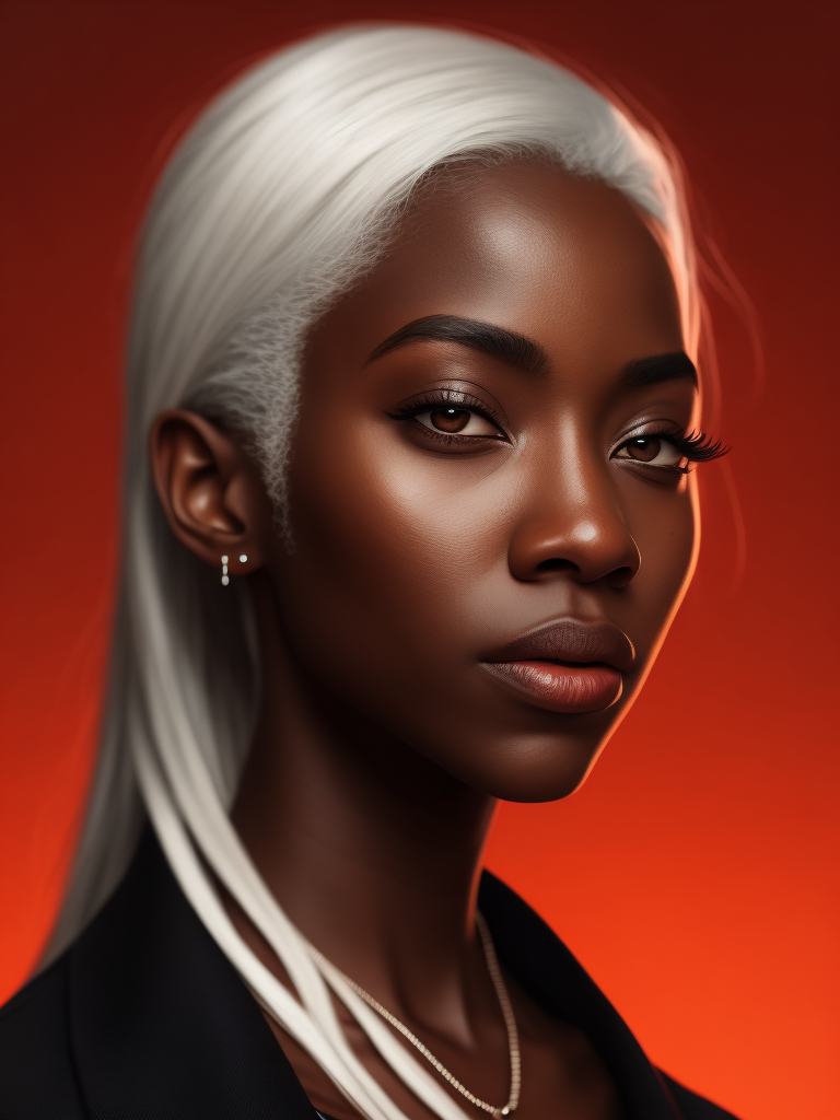 black girl on a red background, red light reflection on her face, White hair