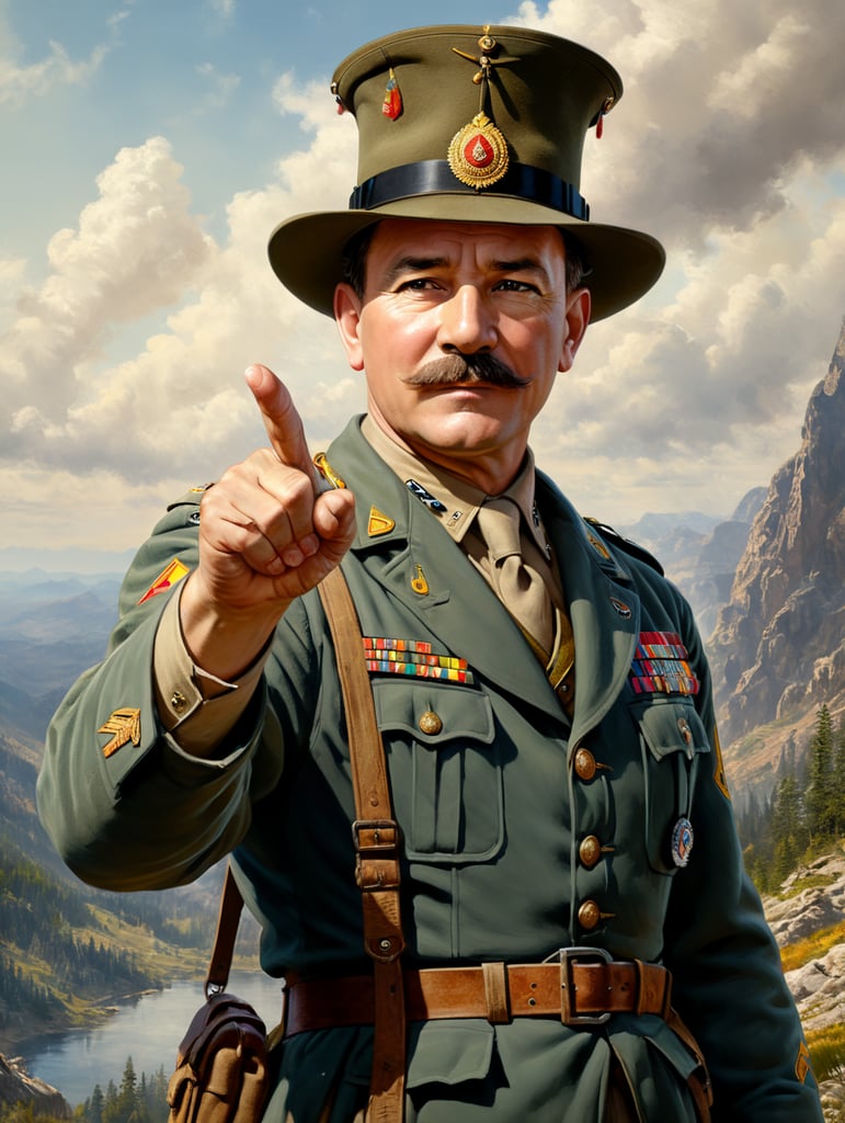 Image of Scoutmaster, Robert Stephenson Smyth Baden-Powell, looking and pointing his index finger forward, as if to say: Hey, you! Reminiscent of the famous illustration of Uncle Sam, with the hat and clothes by Robert Stephenson Smyth Baden-Powell. Pointing at the lens.