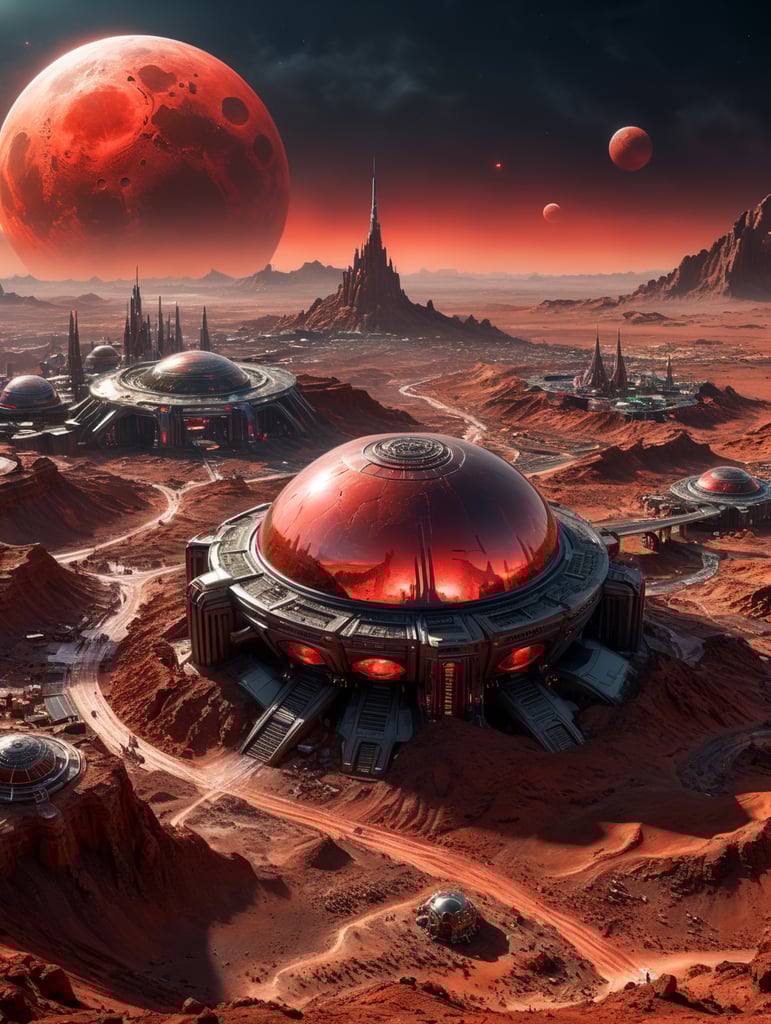 glass alien city on planet Mars, setting red moon, terminator movie style