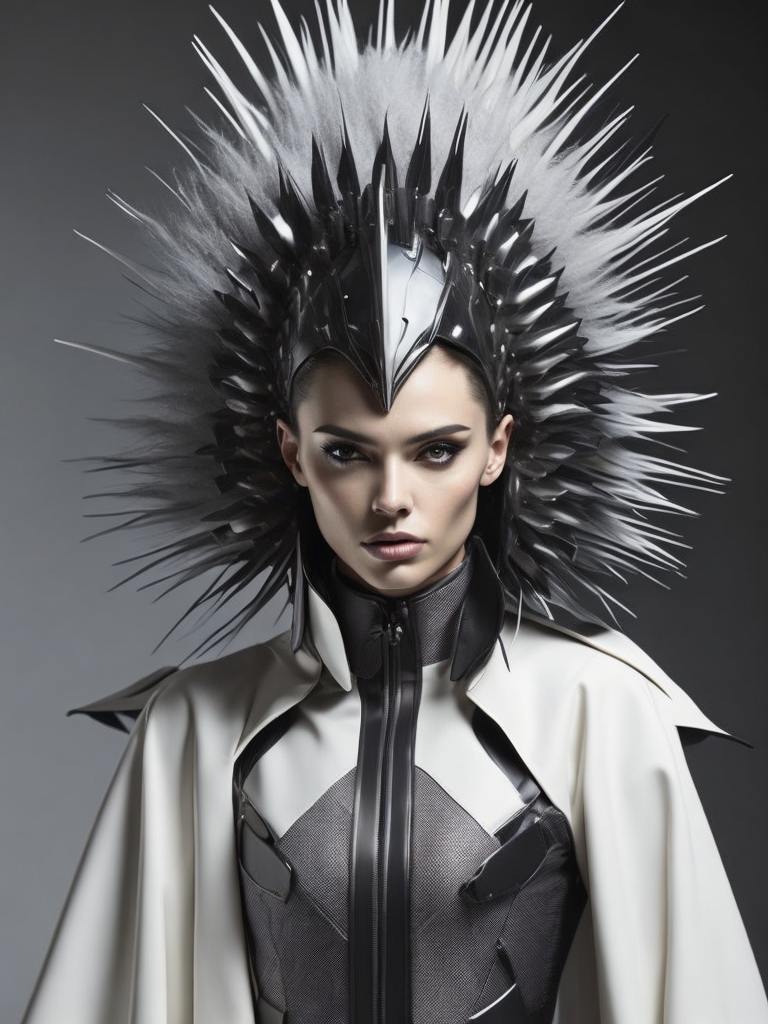 a woman in a futuristic costume with spikes on her head and a helmet on her head Avant-garde Fashion