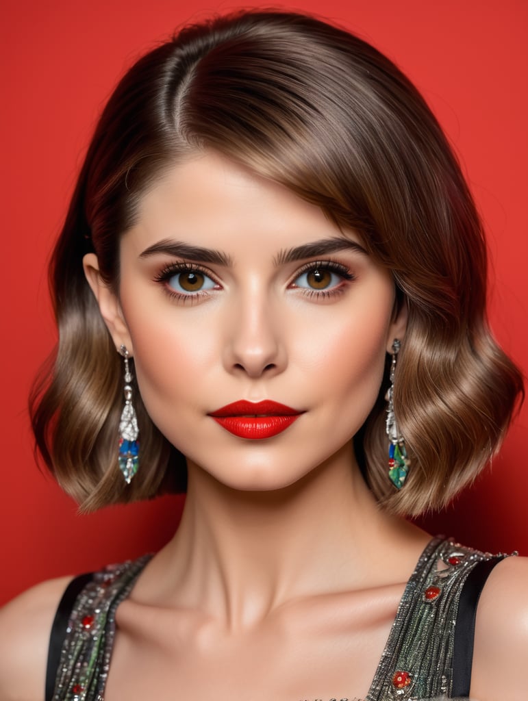 Portrait of Sami gayle, Bright colors, contrasting light, high detail, red background, red lipstick,