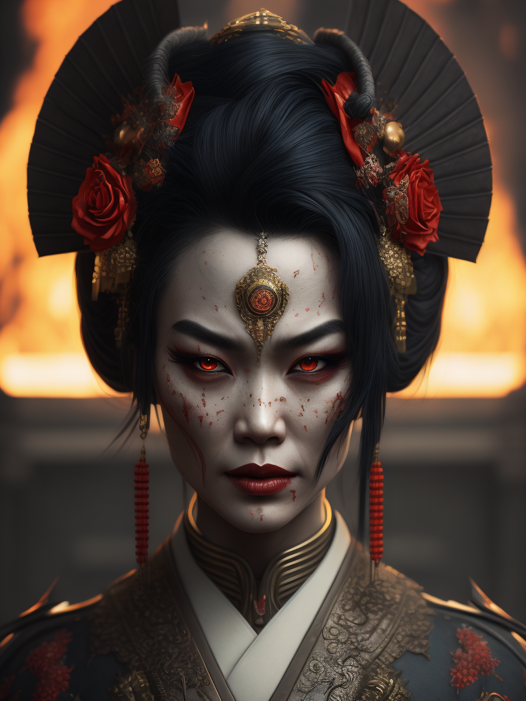 Portrait art of undead geisha, detailed, intricate, full of colour, cinematic lighting, 4k, focused, extreme details, cinematic, masterpiece