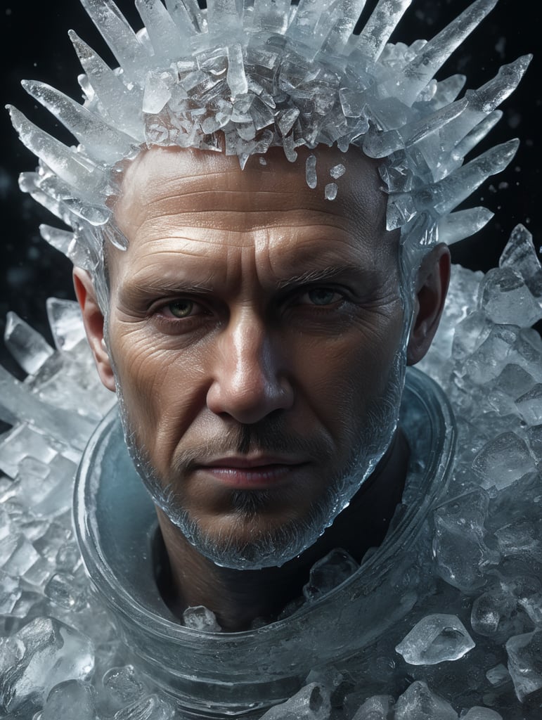 Portrait of a Translucent man made from the ice, organs are visible through the ice