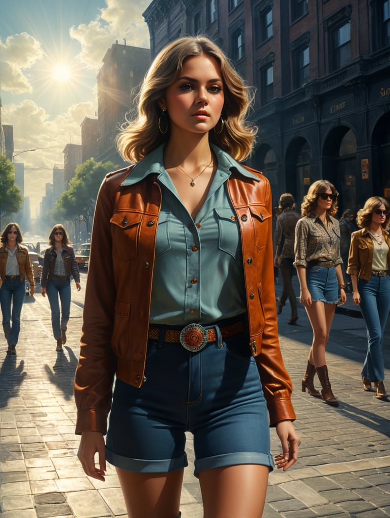 young women aged 24, 70's style, like the feel of the 70's, photographed full body, in the city with sunlight in the morning