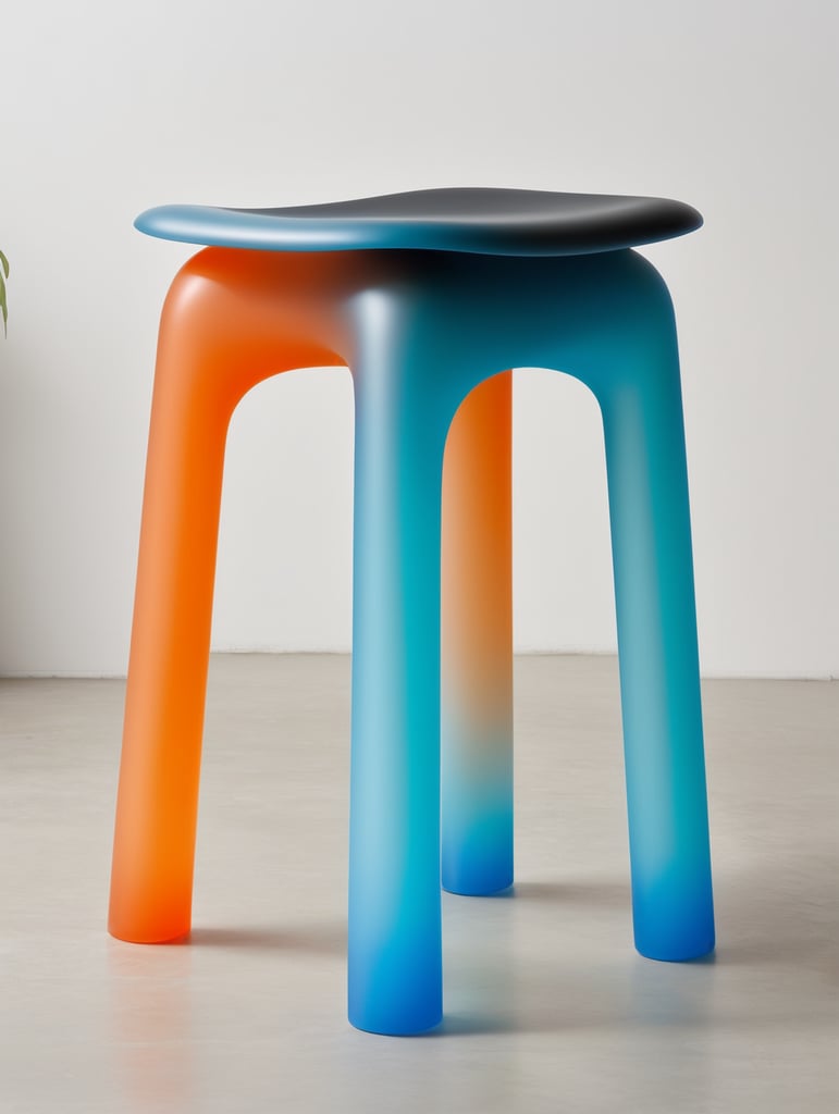 A contemporary minimalist semi-translucent silicone stool with vibrant cyan blue and orange gradient colors as if designed by hi studio.