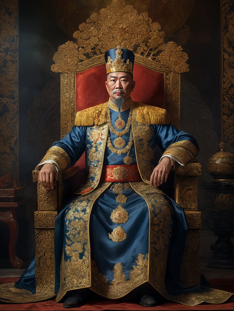 An 18th century painting of a vietnamese emperor sitting down, wearing european clothing and an asian imperial crown