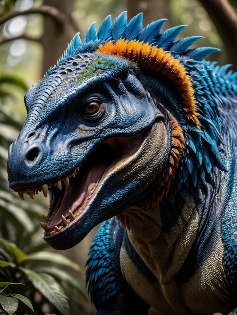 Blue feathered Tyrannosaurus rex, Vibrant colors, Depth of field, Incredibly high detail, Blurred background