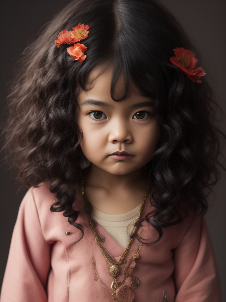 criança, mestiça japonesa, cabelo cacheado preto grande, pele clara, com 4 anos de idade, vestida de rosa.