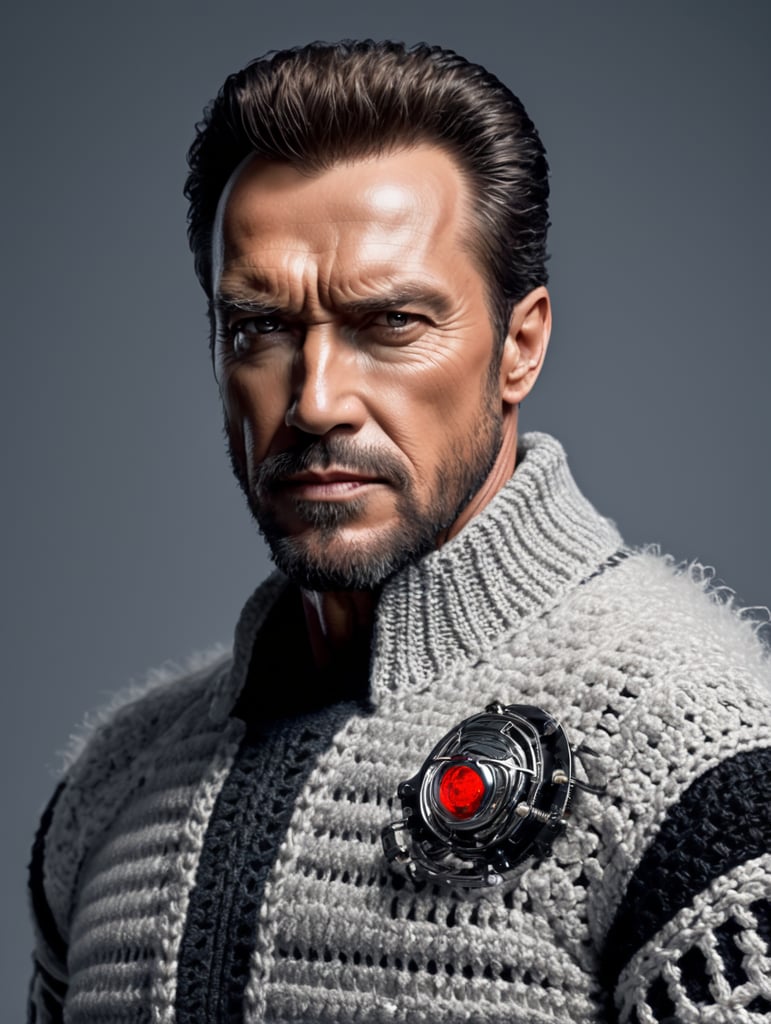 a terminator t-800 wearing very hirsute crocheted sweaters for sheeple, portrait