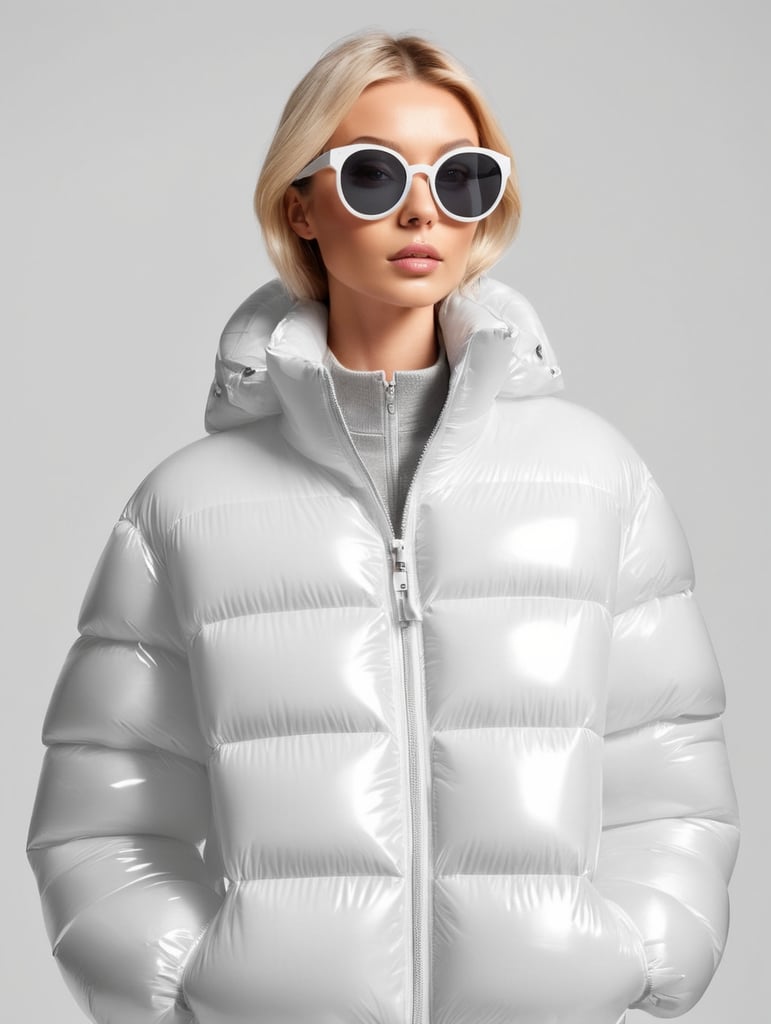 Inflatable white minimalist women's puffer jacket, wearing sunglasses, transparent, isolated, grey background, mockup