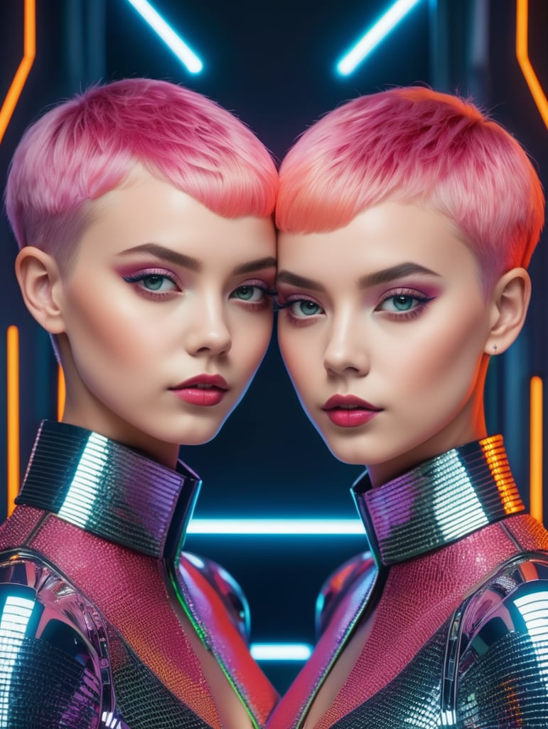 Futuristic portrait of two young girls with short hair standing next to each other, style of James Bidgood, frontal view, symmetry, Incredibly high detail, Bright colors