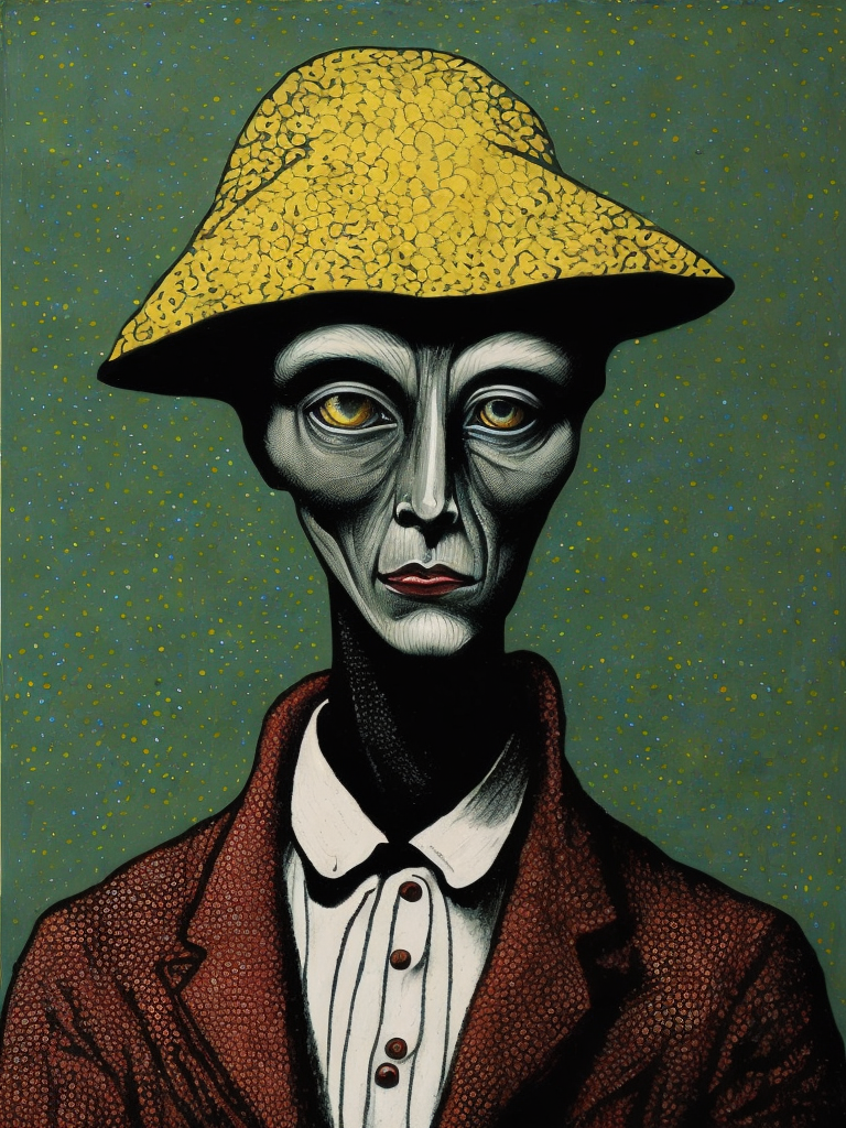 Fine Art Pointillism Surrealism Illustration, alien disguised as a human, Bernard Buffet, van Gogh, Vermeer, Erin Hanson, Pierre Soulages, National Geographic, textured depth, vibrant hyperrealism