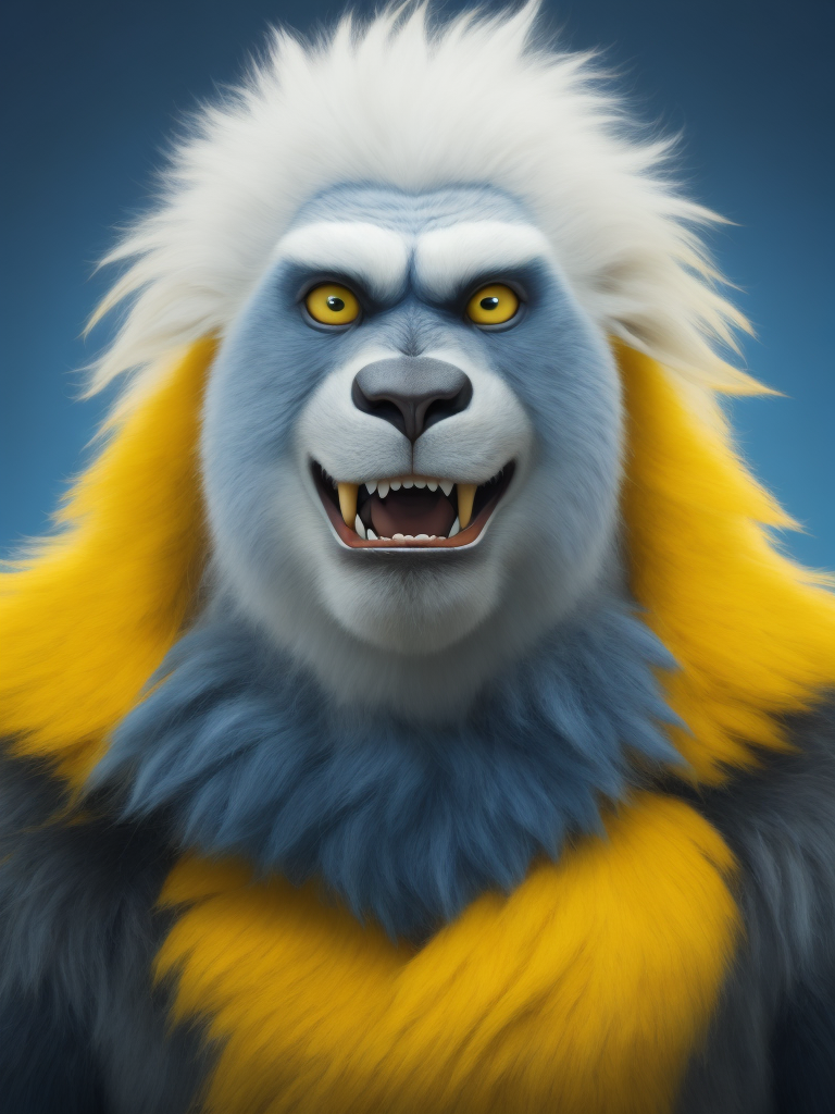photorealistic portrait of Yeti, bright yellow fur, kind facial expression, bright blue background