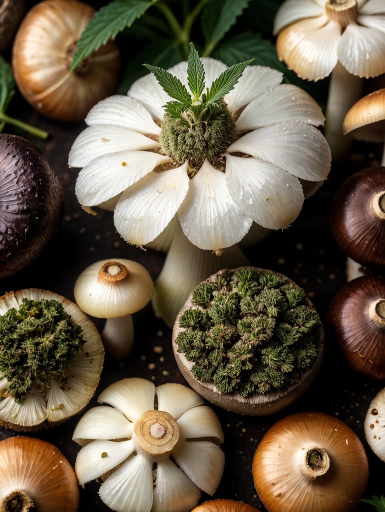 cannabis, mushroom, surrounded by garlic and onions