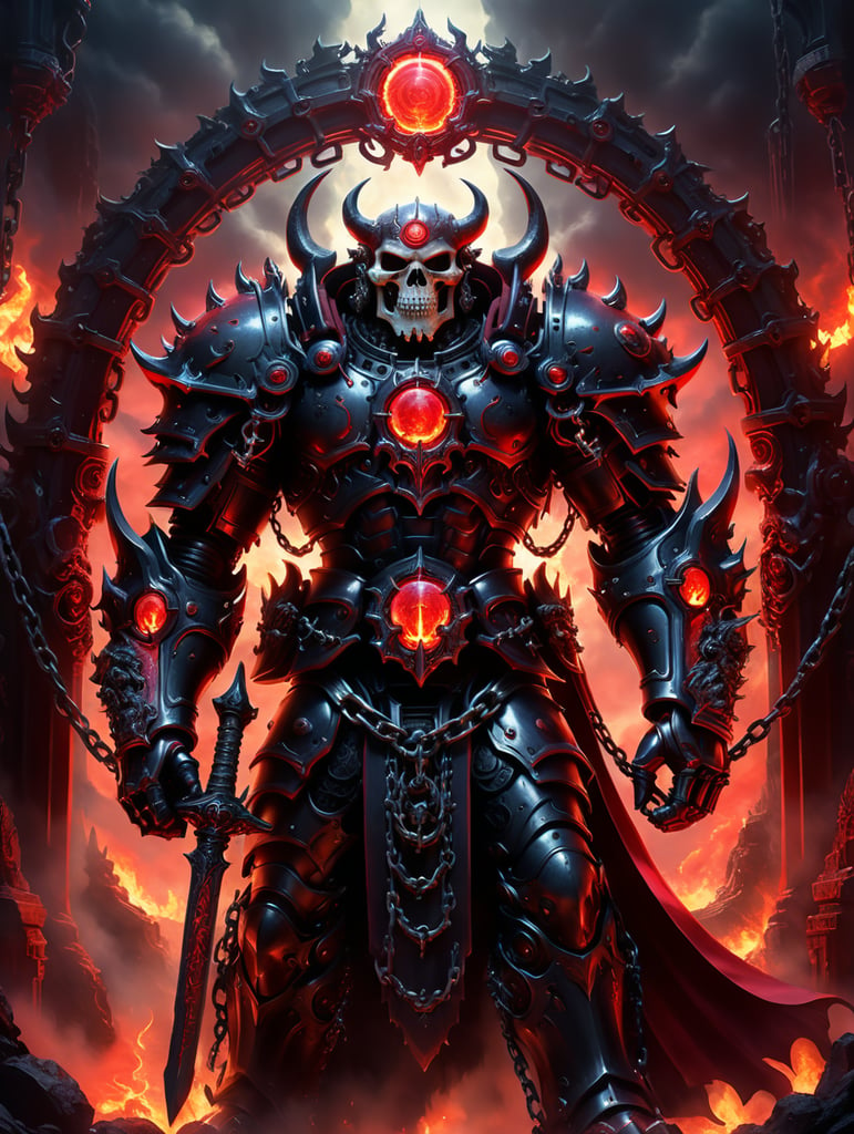 Unholy champion of darkness standing at the gates of hell with a wavy glowing crimson halo skulls and chains on crimson obsidian armor. Studio Ghibli, Digital art, finely detailed, masterpiece, high quality, depth of field, ultra HD