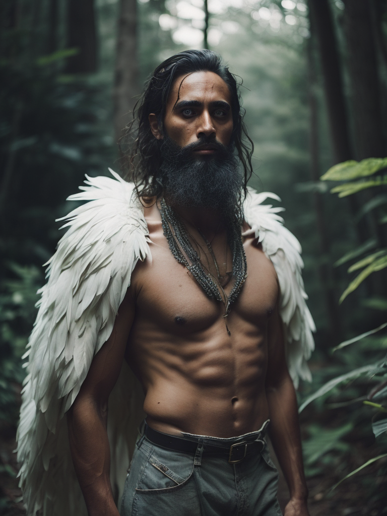 Um indígena com uma vestimenta de penas brancas no meio da floresta fechada