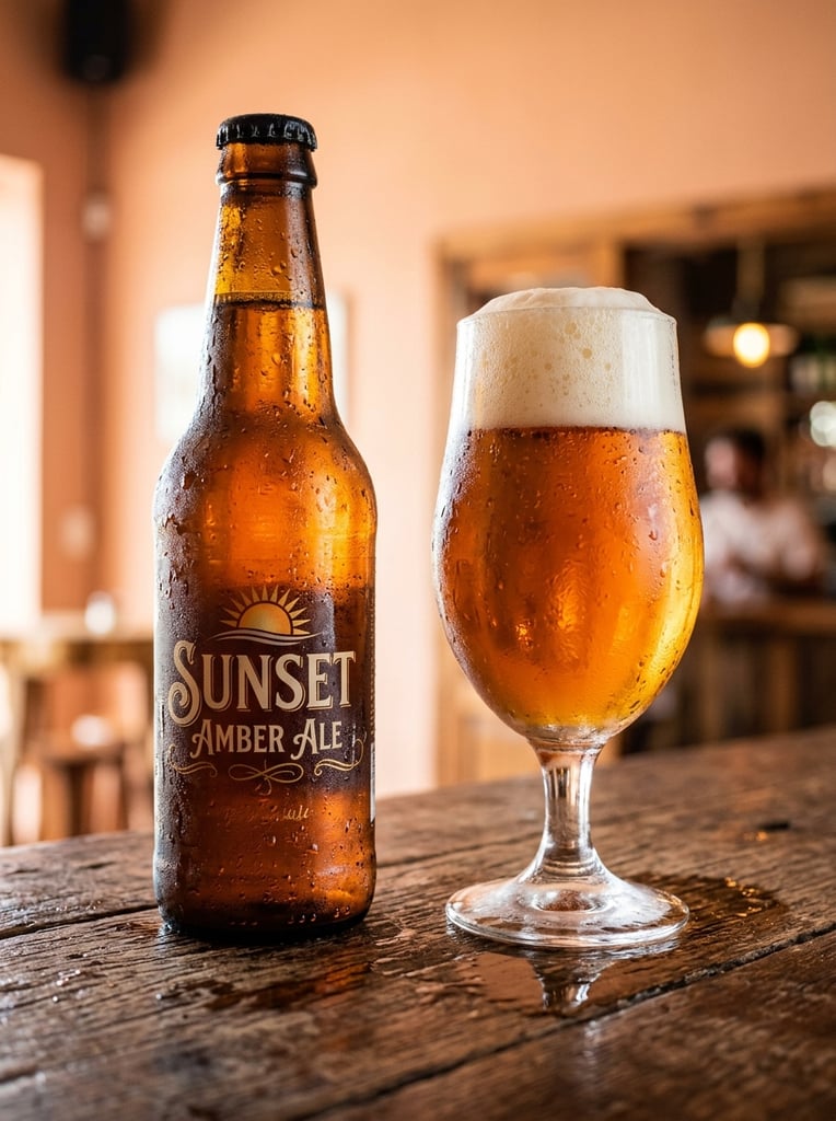 A sweating glass bottle of glowing amber liquid stands next to a stemmed glass filled with the same beverage and thick white foam. Both feature heavy condensation on a brown surface against a warm peach background.