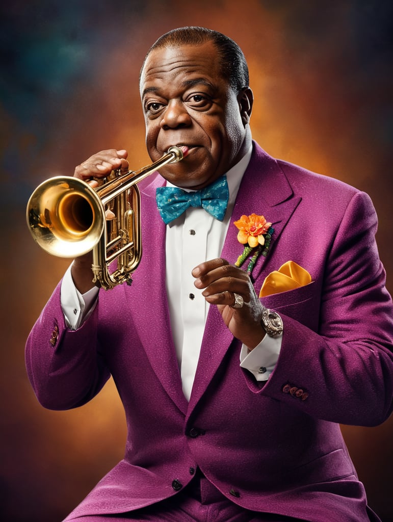 Louis Armstrong plays the trumpet, dressed in a colorful suit with a bow tie, studio photo, professional photo, Bright and rich colors, Detailed image, detailed face, bright background