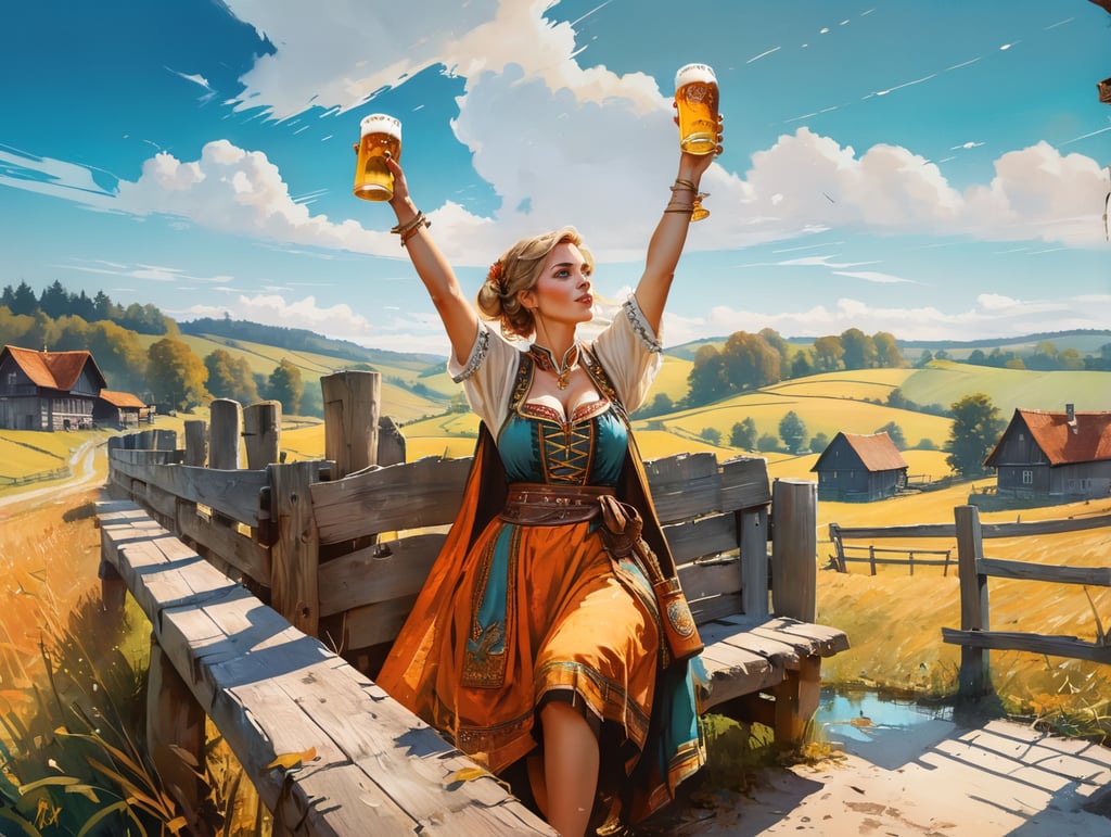 anglo saxon woman on Cute Poster Art for Oktober Fest in the German countryside, girl dressed in traditional tracht and drinking beer, new exciting angle