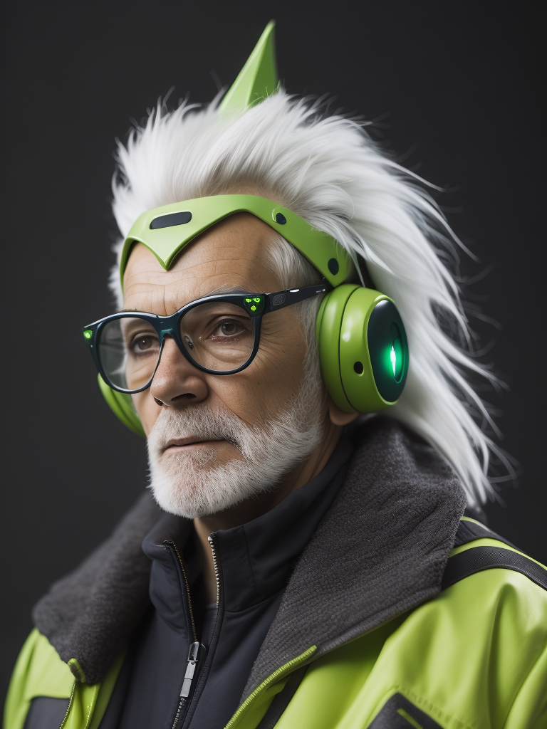 a gnome from fairytale 76 years old wearing a neon green helmet dressed in athletic clothing and glasses, in the style of futuristic glam, retro futurism, neon green clothing, glasses without color, clear glass, long white hair, teal background, mike campau, anton fadeev, high gloss, mono-ha