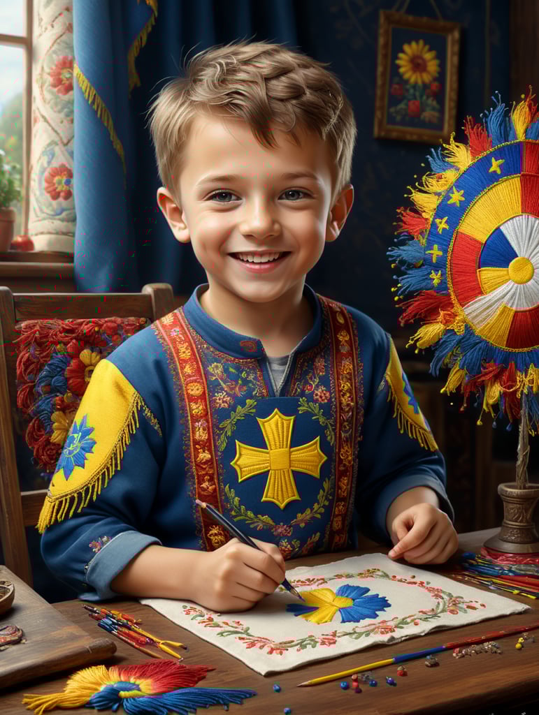 3D візуалізації веселого милого хлопчика в українській вишиванці, з графічним малює яскраві пригоди, на задньому фоні - вибух фарб в кольорах прапора України, стиль Disney