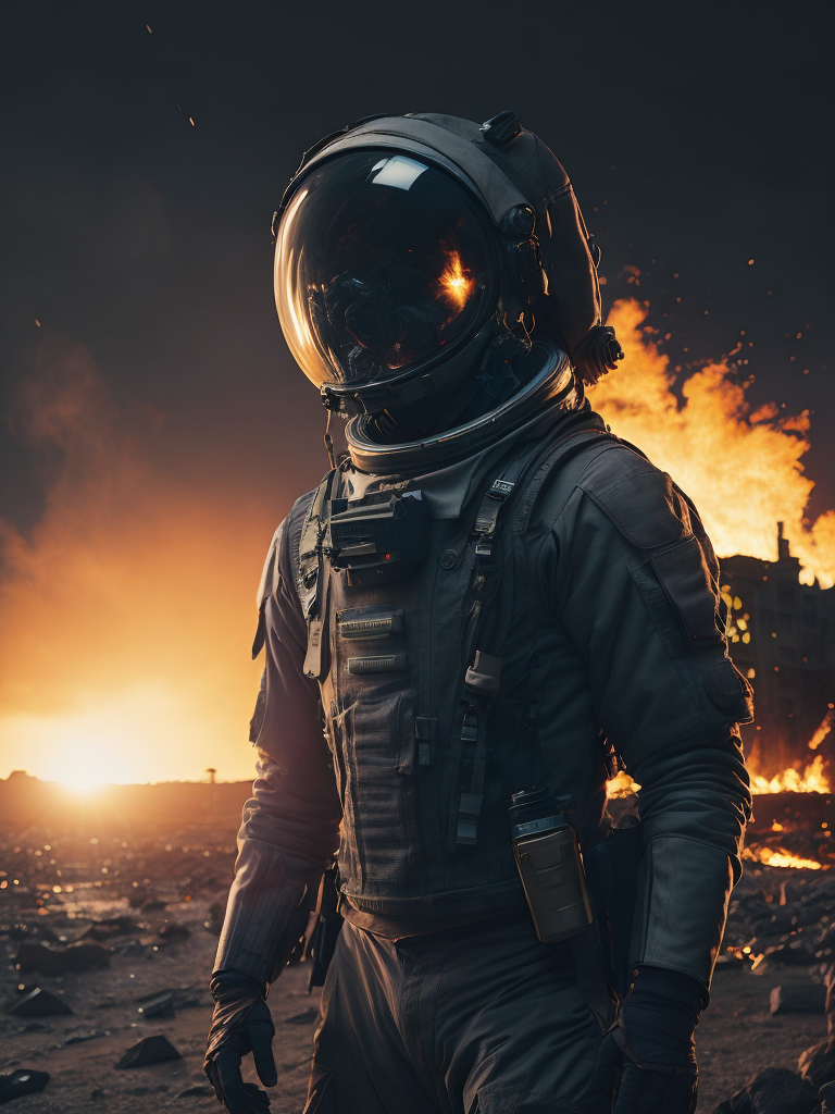 hyper-realistic, ultra-detailed of astronaut standing in the front of big fire explosions of the house in palestine, depth of field, sunlight fractal details, depth of field, HOF, hall of fame, apocalyptic environment, trending on Artstation, 64k, ultra-detailed, ultra-accurate detailed, surrealism, dark, dust, sparks, apocalypse