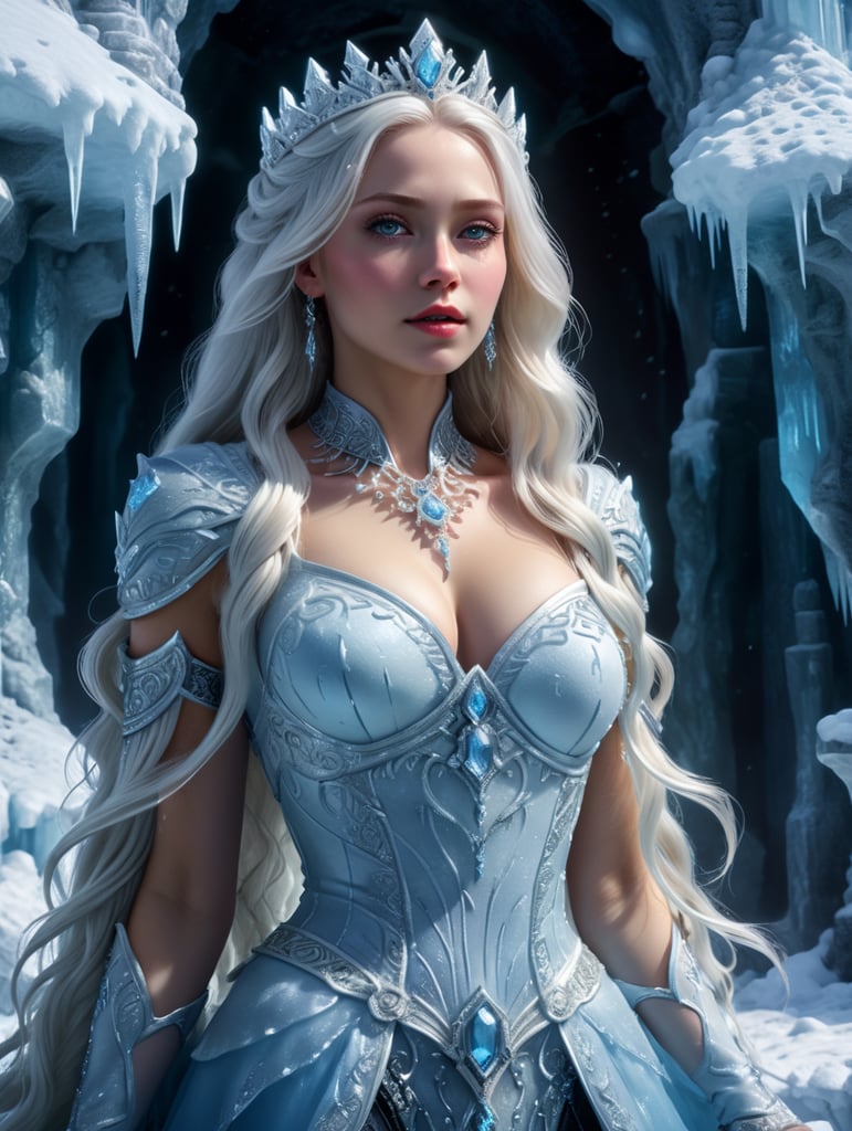 Ice princess living in ice castle. She is beautiful with white long hair