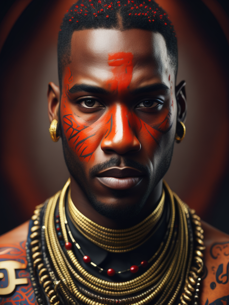 Portrait of a handsome indigenous male gang member, tattoo of a red bear on his chest, bright and saturated colors, elegant, highly detailed, vogue, fashion magazine, sharp focus, bright expressive makeup, dramatic lighting, depth of field, incredibly high detailed, blurred background