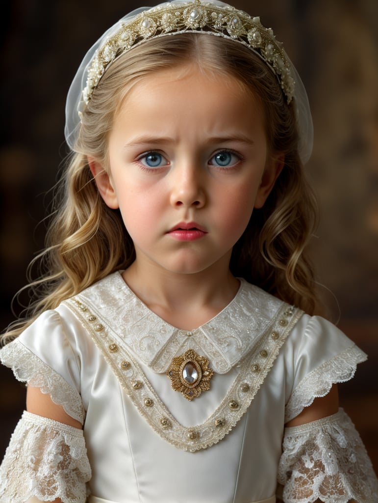 Close-up wartime photo of a (((6-year-old American Mormon girl))), (((dressed in traditional Mormon wedding dress))), (fearful), 1 girl, alone, highly detailed, beautiful face bright eyes, (((very sad and teary eyes))), stunningly beautiful image