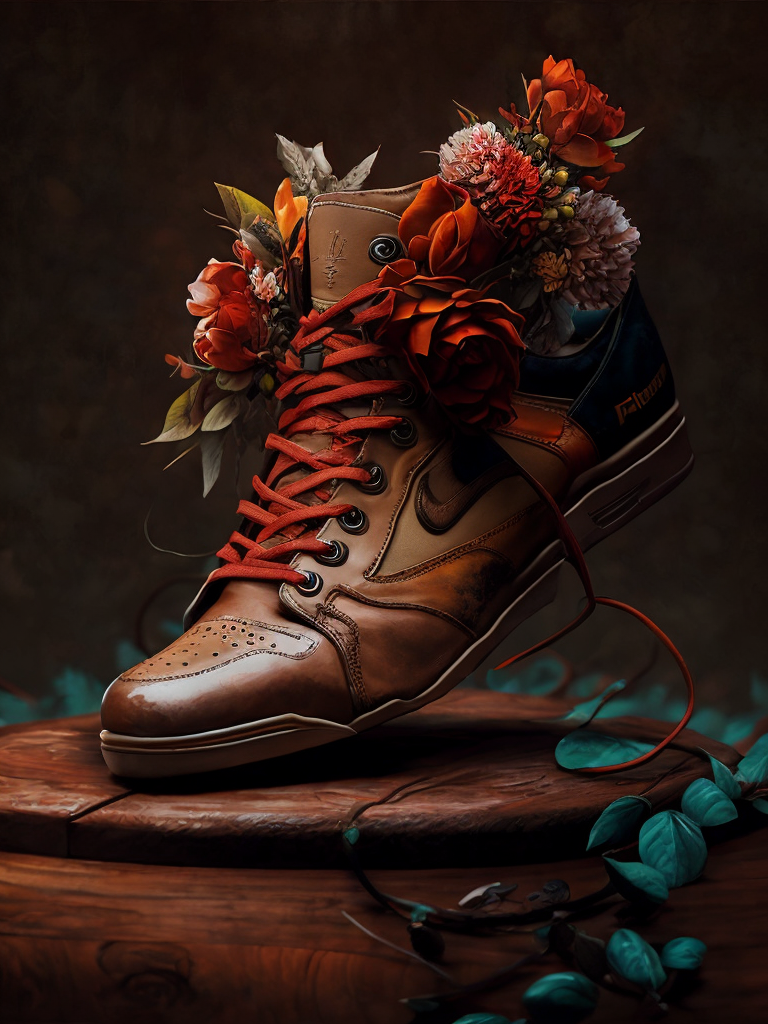 realistic photo of shoes with flowers, deep atmosphere, dark, saturation, vibrance, sharp on details