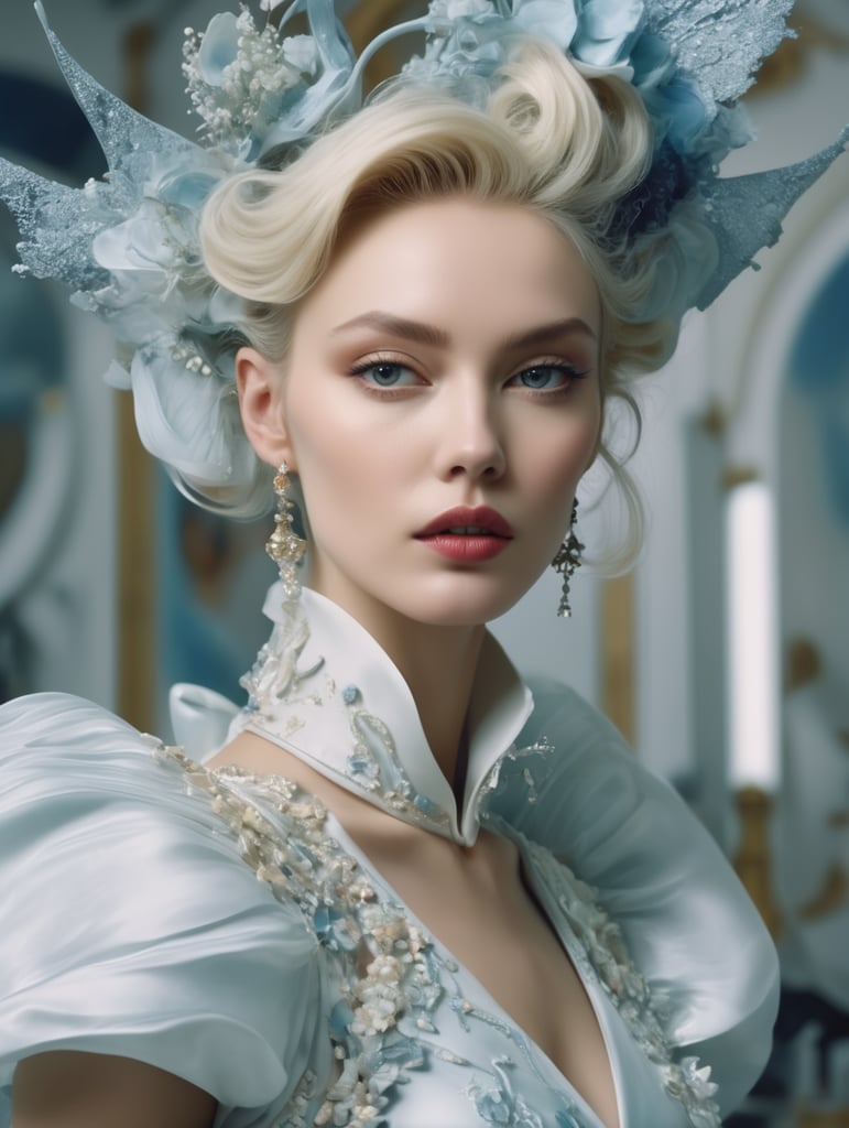 Tim Walker style award winning intrinsic detail dreamscape photo-art high fashion portrait style of a female supermodel with stylized modern hair in John Galliano fashion design in a high fashion studio, hd, 8k