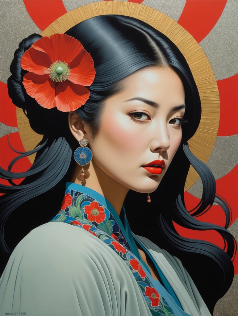 Hiroshi Nagai, ultrafine detailed painting of a woman with a n opium poppy flower in her hair, whimsical, detailed painting