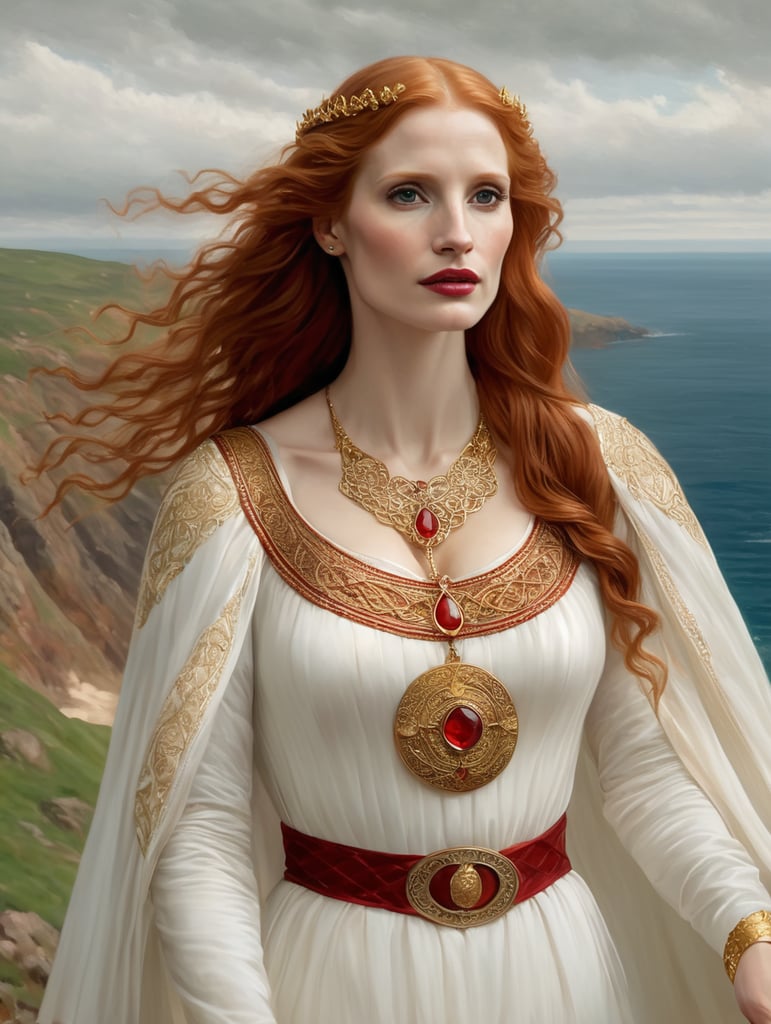 A woman that looks like actress Jessica Chastain is a ancient Celtic queen, wearing a white dress with golden Celtic ornaments and a red cape. She has a long red hair and is on a open space on the top of a hill looking to the Irish sea. Highly detailed Alma Tadema oil painting style.