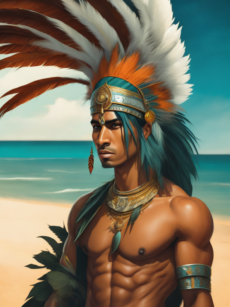 hispanic, male, taino indian, feather headdress, warrior paint, holding spear