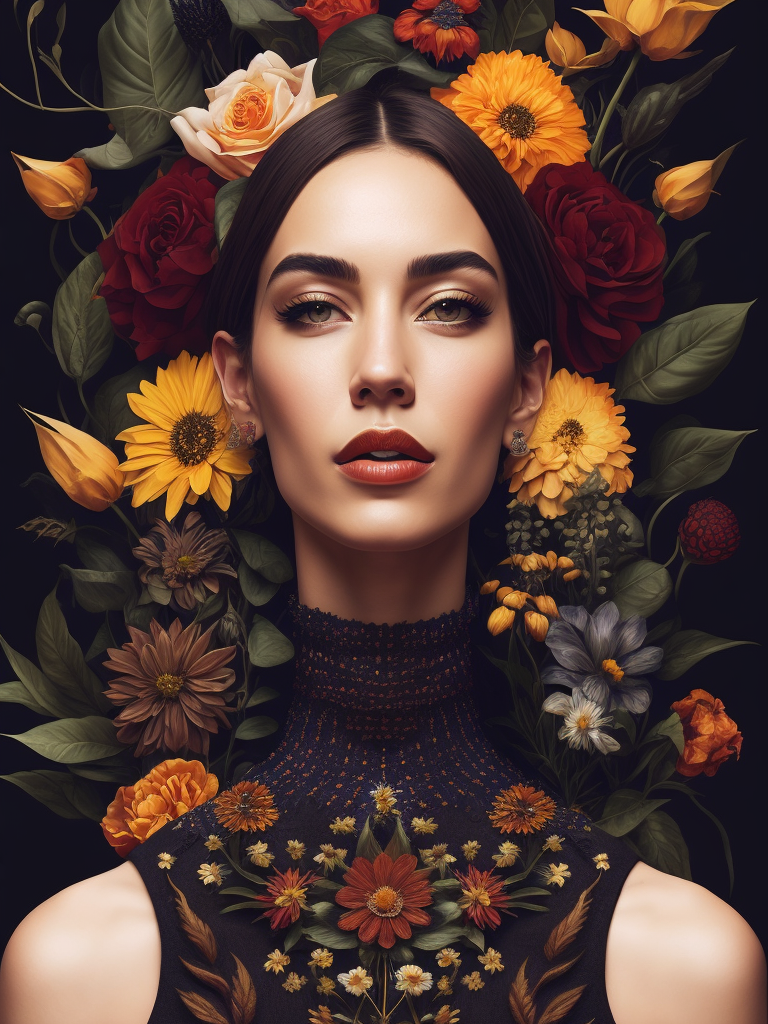 A collage of a woman with a head of vibrant, blooming flowers, her face turned to the side, a mix of vintage botanical illustrations and modern geometric vector shapes in the background